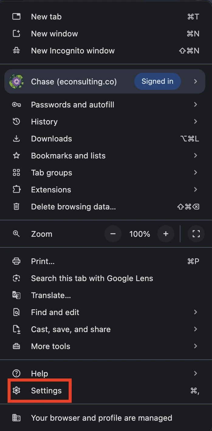 The Chrome menu with Settings highlighted