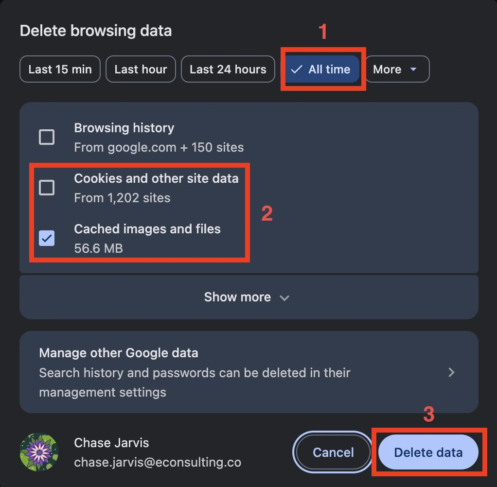 The Delete browsing data window with the time range (1), the tick boxes (2) and Delete data (3) highlighted