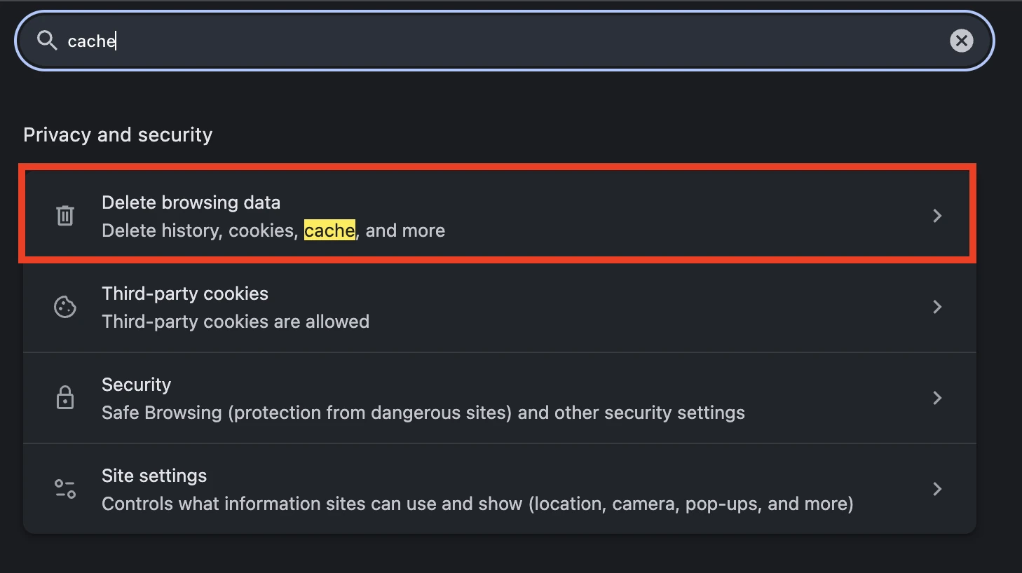 Chrome settings searched for “cache”, with Delete browsing data highlighted