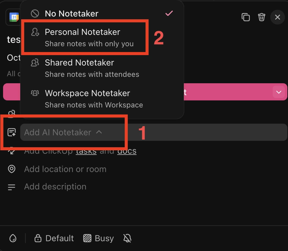 A meeting in the ClickUp Planner with Add AI Notetaker and Personal Notetaker highlighted