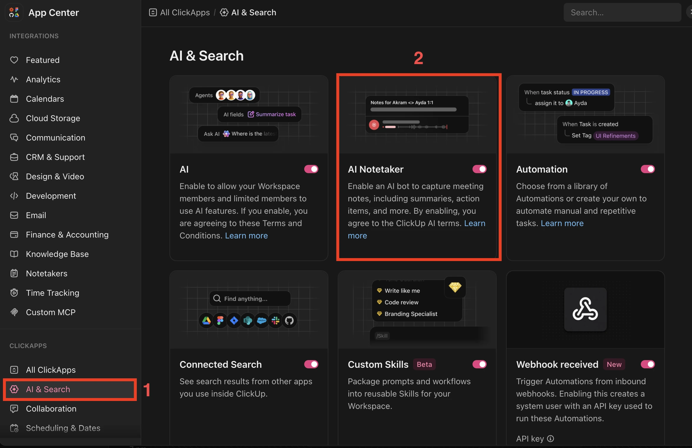 The ClickUp App Center with AI & Search selected and AI Notetaker toggled on