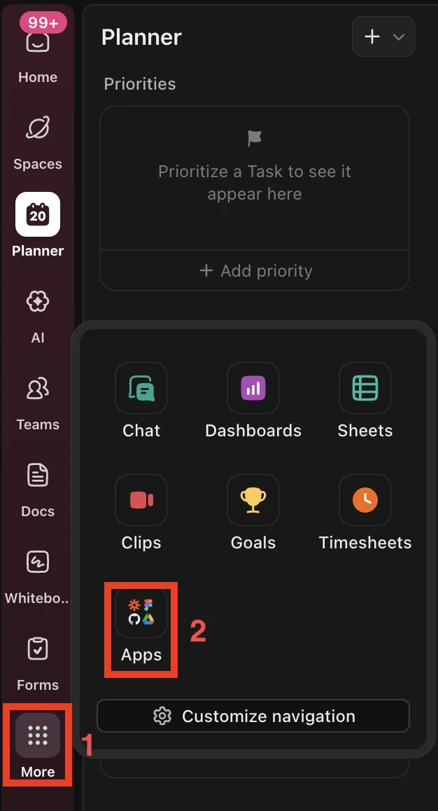 The ClickUp side panel with More and then Apps highlighted
