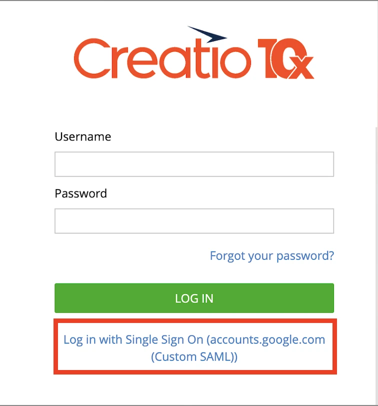 The Creatio login page with “Log in with Single Sign On” highlighted