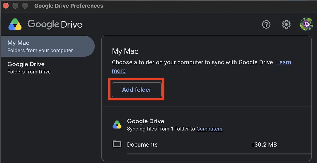 The Add folder button highlighted in Google Drive Preferences