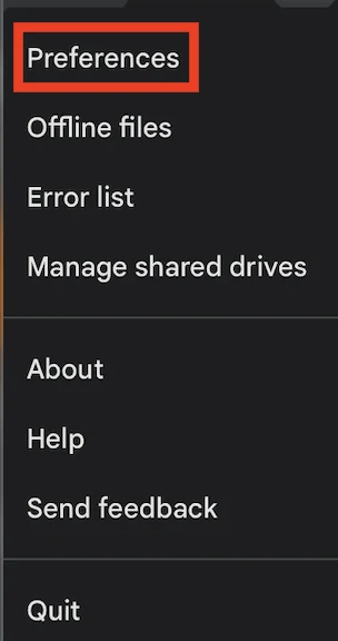 Preferences highlighted in the Google Drive settings menu