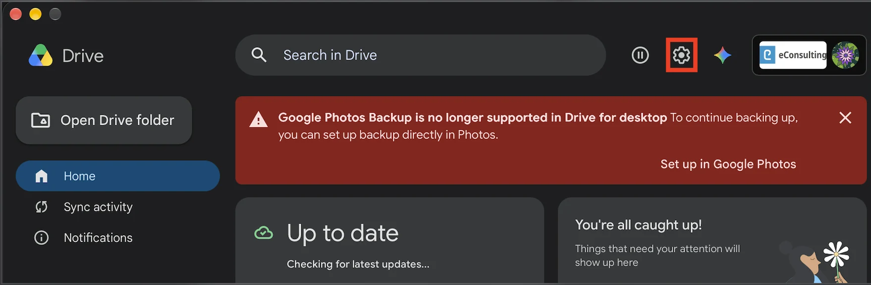 The gear icon highlighted in the Google Drive window