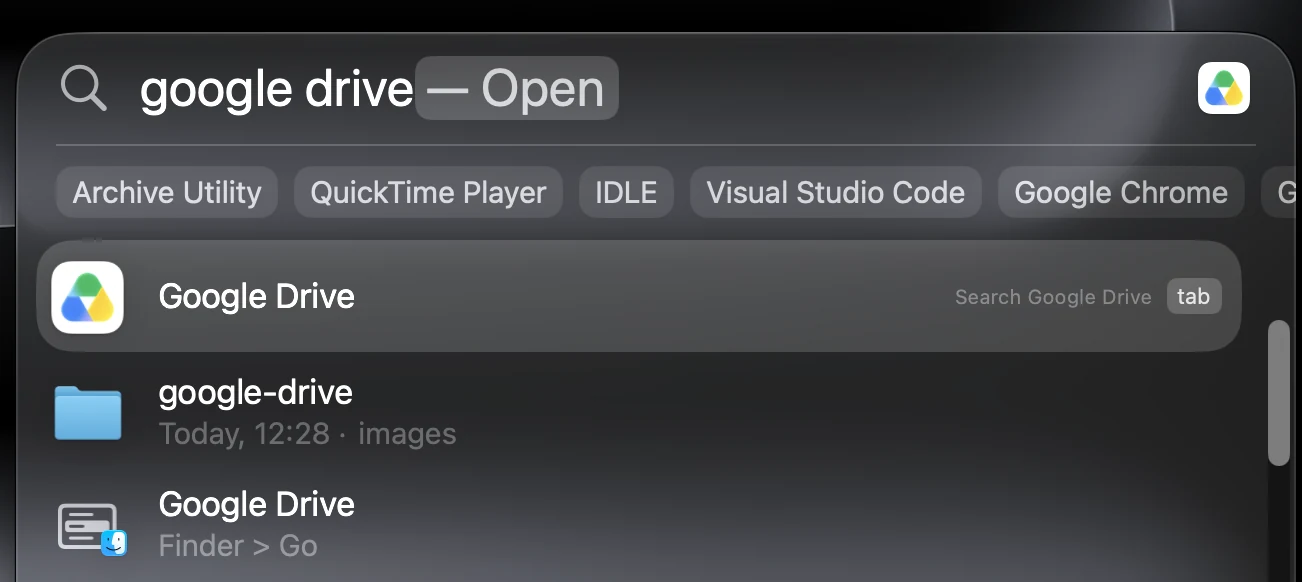 Searching for Google Drive with Spotlight on a Mac