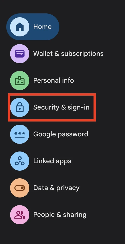 Security & sign-in highlighted in the Google Account menu