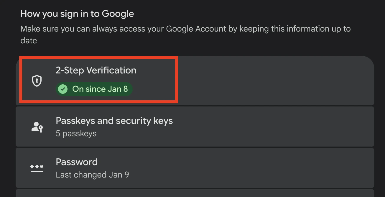 2-Step Verification highlighted under How you sign in to Google